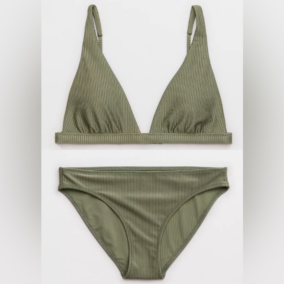 aerie Other - NWT Aerie FULL SET Shine Rib Plunge Bikini Top + Full Coverage Bottom Olive 🫒